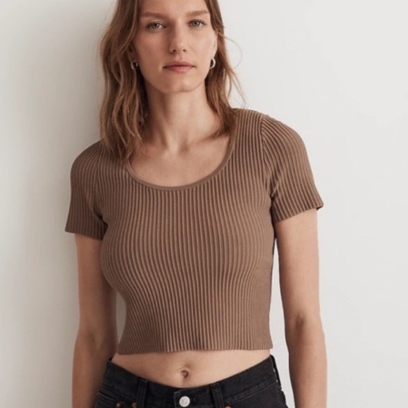 Madewell Ottoman Crop Sweater Tee in Bright Ivory Size XXS Ribbed Scoop Neck - Picture 2 of 9